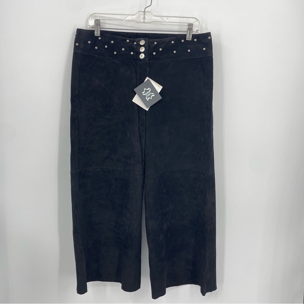 NWT Montanaco Leather Suede wide leg crop Capri black studded waistband Size 10